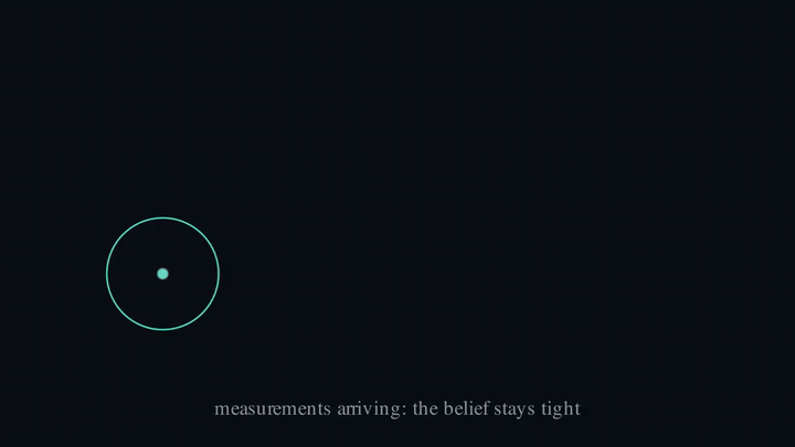 Predict steps inflating the uncertainty ellipse during occlusion, one update snapping it tight